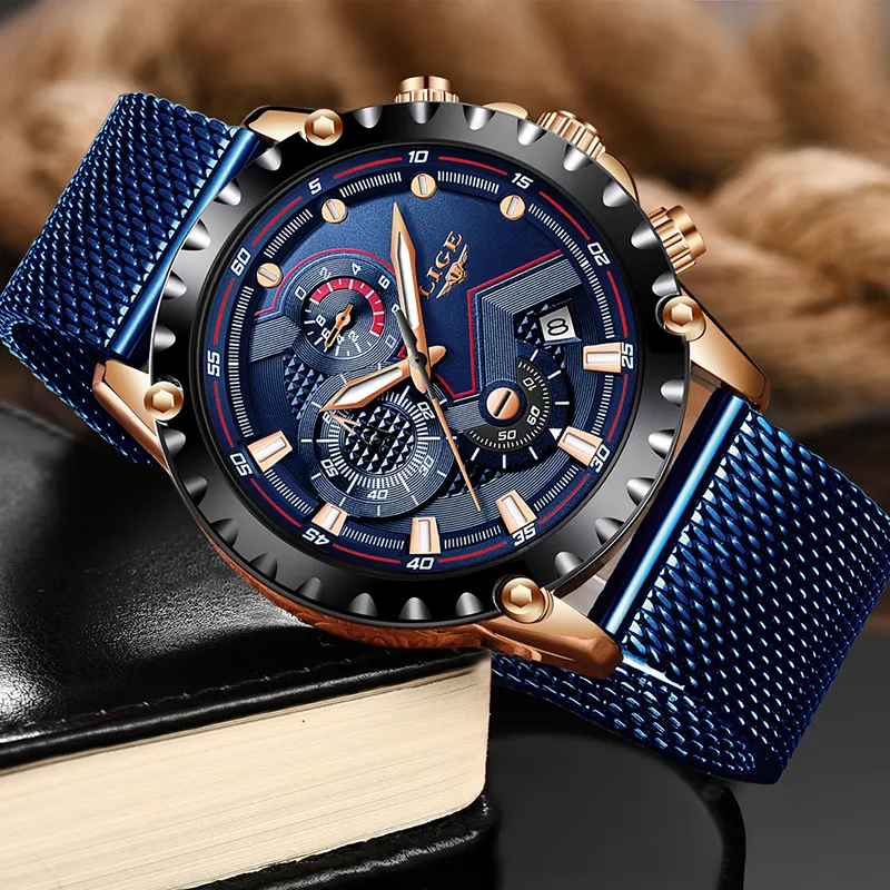 Lige New Mens Watches Male Fashion Top Brand Luxury Stainless Steenless Steel Blue Quartz Watch MenカジュアルスポーツウォータープルーフウォッチRelogio ly230n