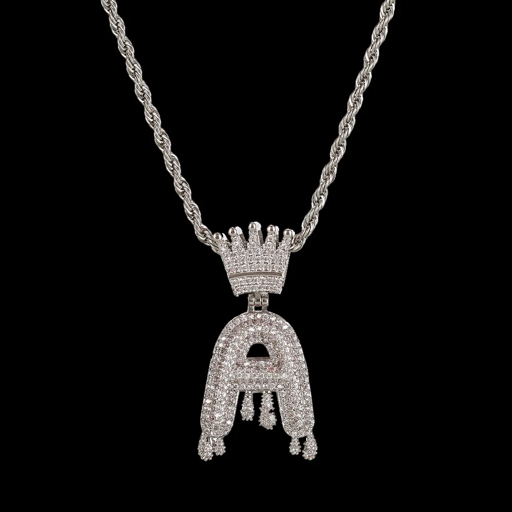 Fashion 26 Letters Diamond Pendant Necklace Men Womens Hip Hop Full Crystal Crown Iced Out Heavy Necklace 3mm 24inch257B