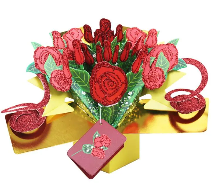 3D Rose gratulationskort 3D Pop Up Glitter Rose Message Card för alla hjärtans dag Creative Gift2080