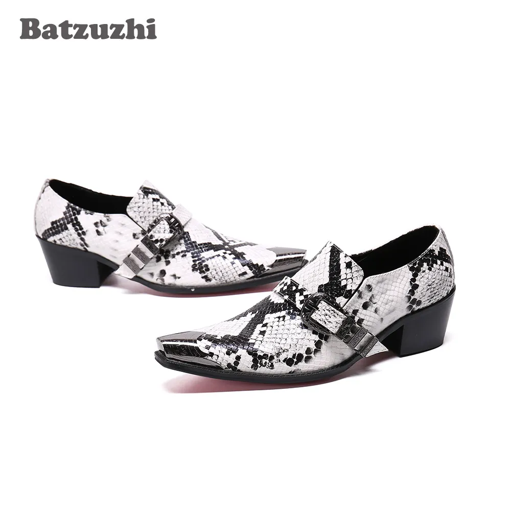 Batzuzhi Tipo Italiano Moda Scarpe da uomo Punta in metallo Scarpe eleganti in pelle da uomo Modello serpente 6,5 cm Tacchi alti Scarpe da festa Uomo