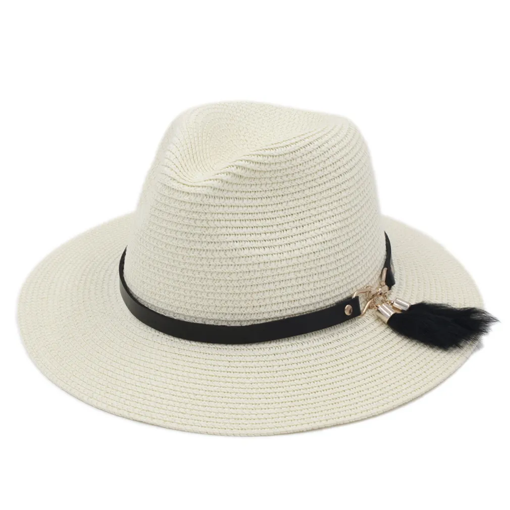 Chapeau de paja de plástico Unisex Primavera Verano Fiesta Calle Playa al aire libre Sombrero para el sol Gorra de ala ancha y flexible Amante de Panamá Sombrero de copa con cinturón B7427065