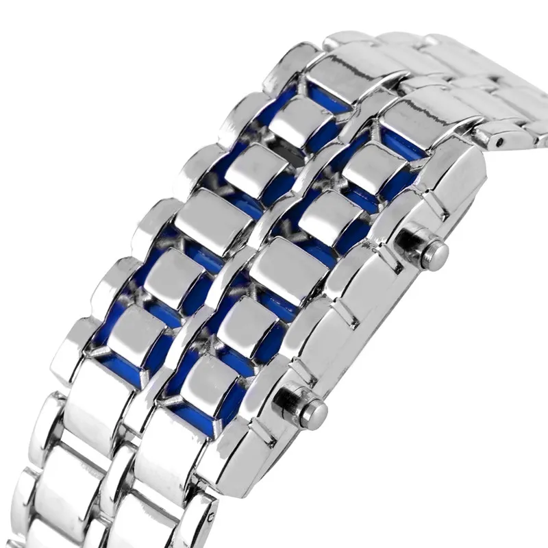 Mode Zwart Zilver Volledig Metalen Digitale Lava Polshorloge Heren Rood Blauw LED Display Heren Horloges Cadeaus voor Mannelijke Jongen Sport Crea331r