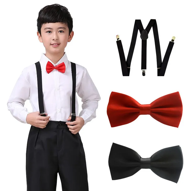 34 Färg Barn Suspenders Bow + Tie Set Boys Girls Braces Elastic Y-suspenders med slips Modebälte eller barn Barnbarn av DHL