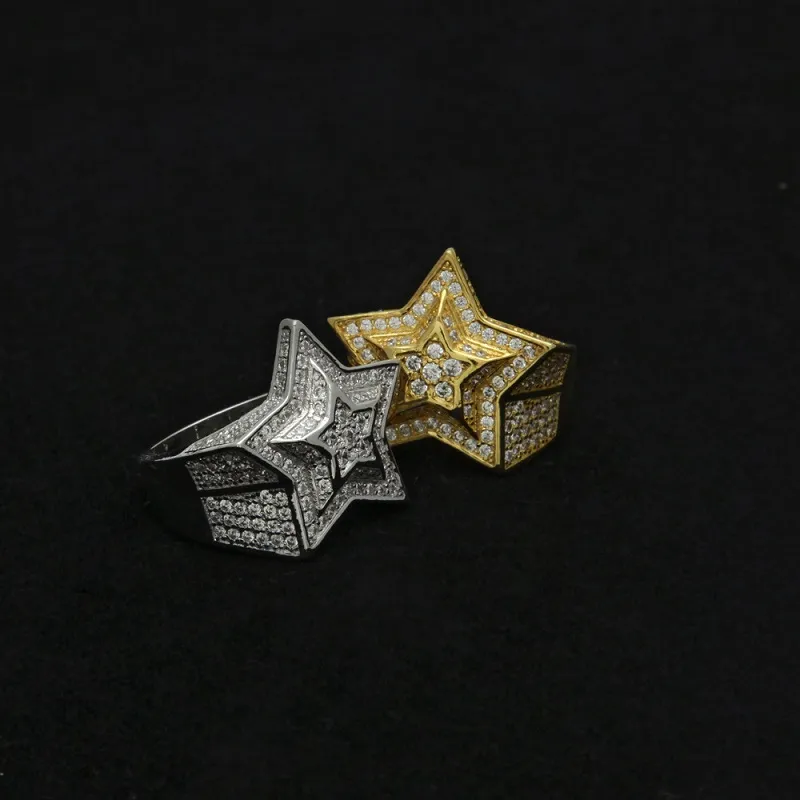 Hip Hop hommes bague en or bijoux de haute qualité étoile à cinq branches cubique Zircon argent anneaux pour hommes