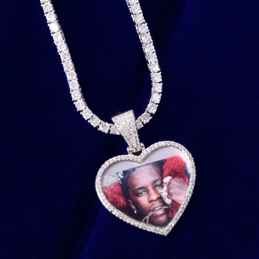 Collier avec médaillons en forme de cœur Po sur mesure, pendentif, chaîne de Tennis, Zircon cubique glacé, bijoux Hip Hop pour hommes, dos solide, New228w