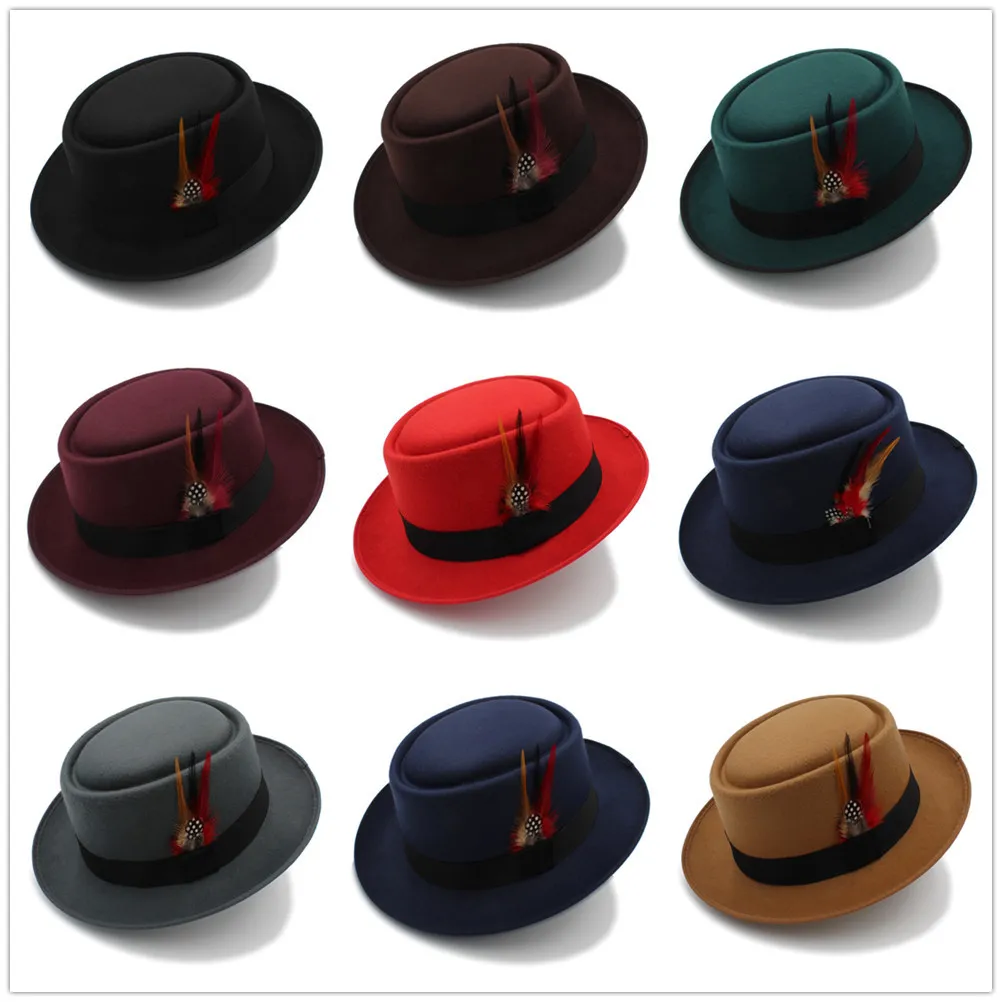 Moda męska wieprzowina kapelusz tata wełniany płaski kapelusz Fedora dżentelmen hazardzista Panama kapelusz trilby z modą pióro rozmiar 58CM Y200110