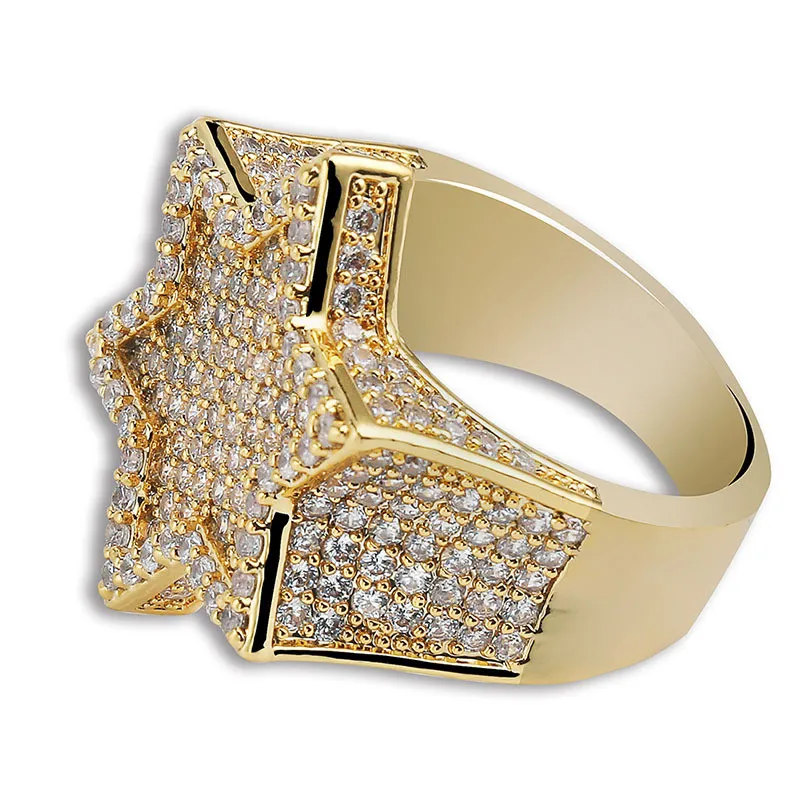 Nowy mrożony pełny sześcien cyrkon Franklin Mint Green Creeststone Heksagonal Star Gold Gold Pierścień Hiphop Biżuter