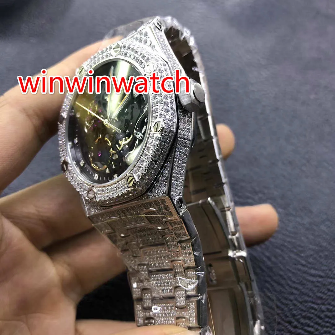 Reloj de hombre con hielo completo, caja de acero inoxidable, oro rosa y plata, reloj con parte trasera de cristal, reloj de pulsera con diamantes, cristal de zafiro Automa2167