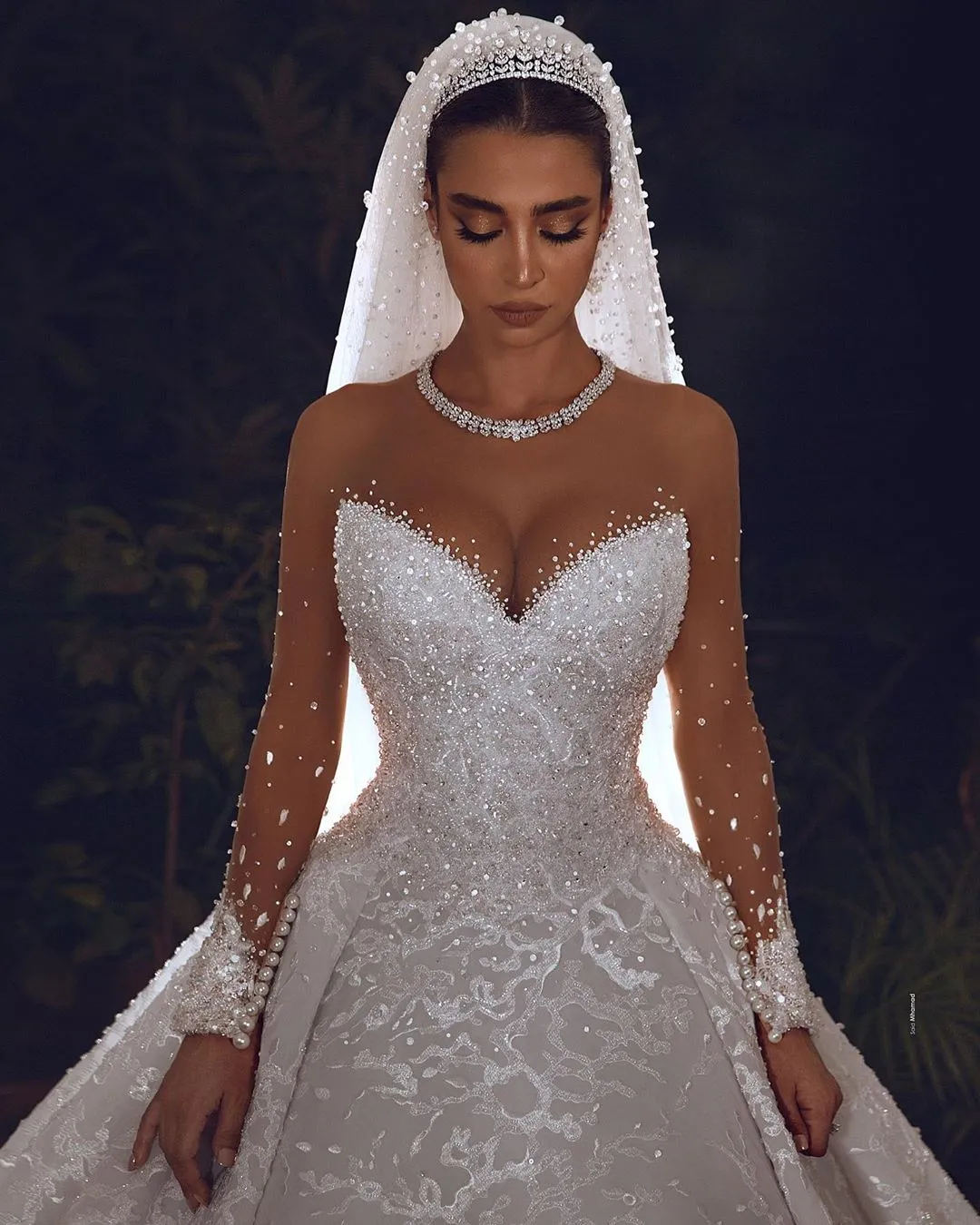 arabic aso ebi lace beaded crystals wedding dresses sheer neck long sleeves bridal dresses sexy vintage wedding gowns zj522 1781