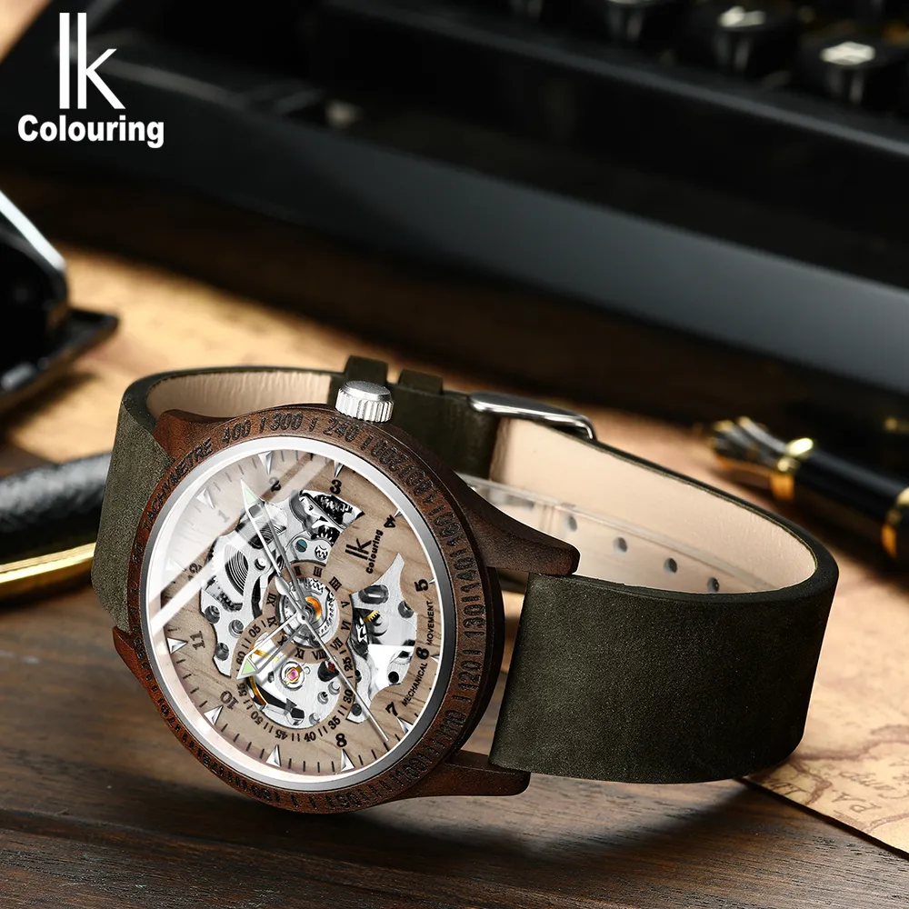 IK Coloring Men Watch Moda Casual Cassa in legno Crazy Horse Cinturino in pelle Orologio in legno Scheletro automatico meccanico maschile Relogio Y2004252o