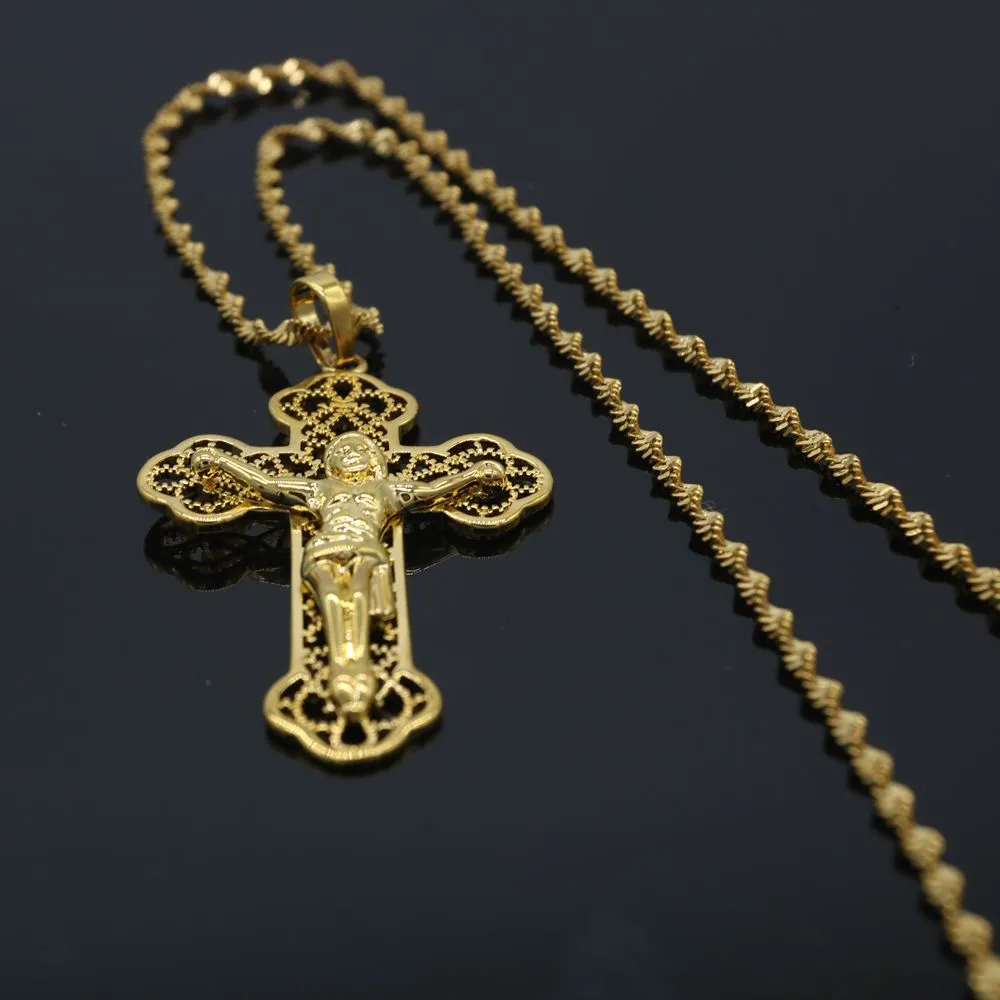 Classic Style Filigree Jesus Pendant Chain18K Yellow Gold Filled Womens Mens Cross Pendant Necklace Crucifix Choker182d