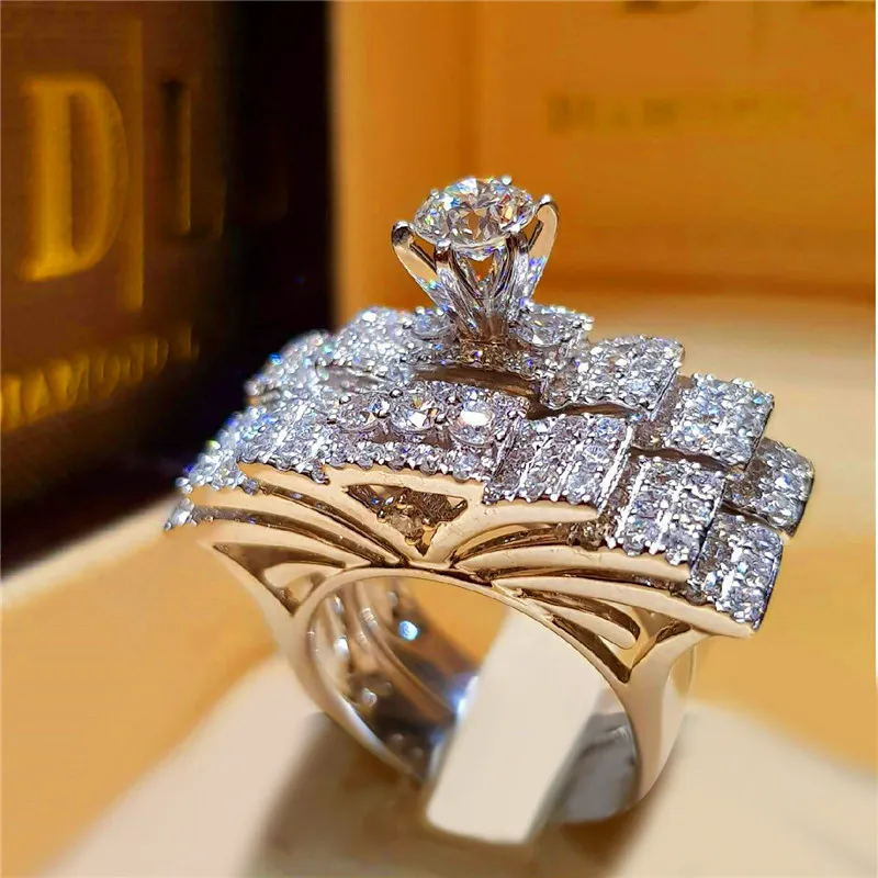 Taglia 6-10 Boho femminile cristallo bianco anello rotondo set marchio di lusso promessa anello di fidanzamento in argento 925 fedi nuziali vintage Fo321B