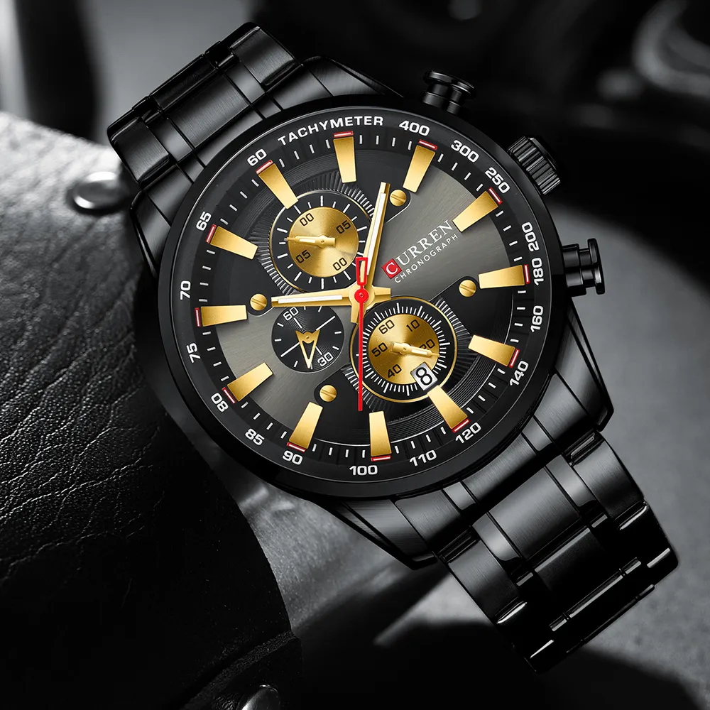 CURREN Zwart Goud Horloge voor Mannen Mode Quartz Sport Horloge Chronograaf Klok Datum Horloges Roestvrij Staal Mannelijke Horloge CX20080242I