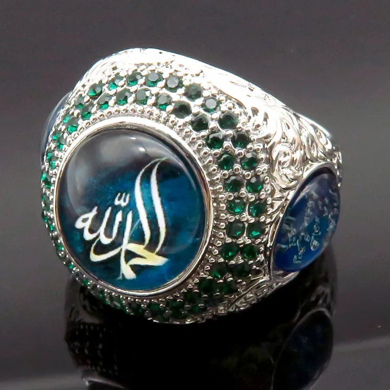 Vintage Islam Profet Muhammad Blue Crystal Ring Punk Saudi Star Turkish Ottoman CZ Statement Rings For Men Boho Muslim Jewelry12971