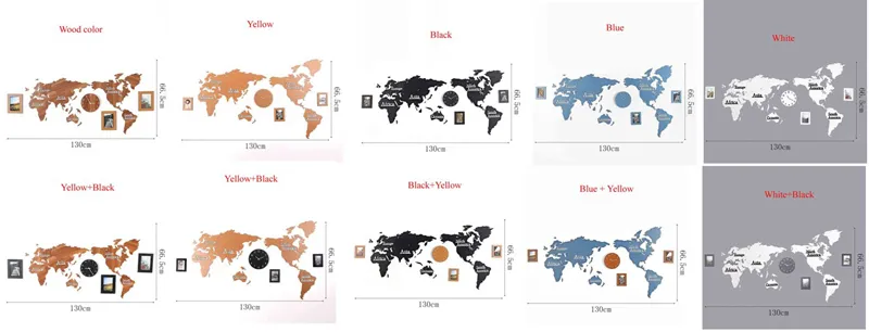 Horloge murale de carte du monde en bois créative avec 3 pièces cadre Po carte 3D décorative décor à la maison salon Style européen moderne Roun297a