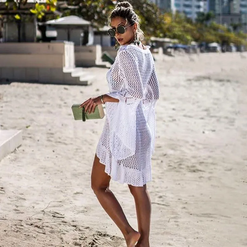 2019 Gehaakte Witte Gebreide Strand Cover Up Jurk Tuniek Lange Pareos Bikini Cover Ups Swim Up Robe Plage Beachwear306T