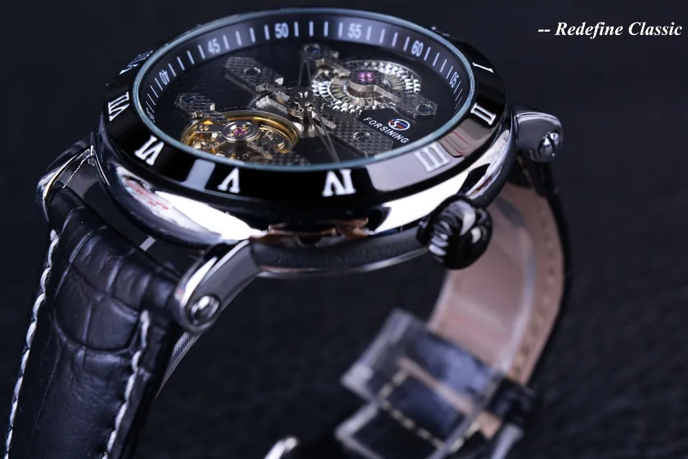 Forsining Tourbillion Designer obscuro Designer à prova d'água Mens de couro genuíno relógio Top Brand Luxury Mechanical Automatic Watch Relógio 256m