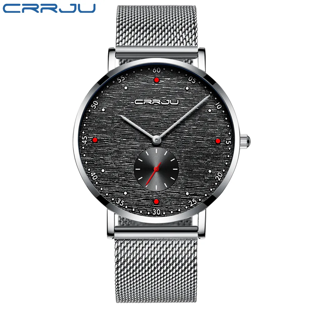Marca de luxo Crrju Men assistir clássicos negócios Slim Quartz assistir elegante clock de malha de aço à prova d'água elegante Relógio masculino245r
