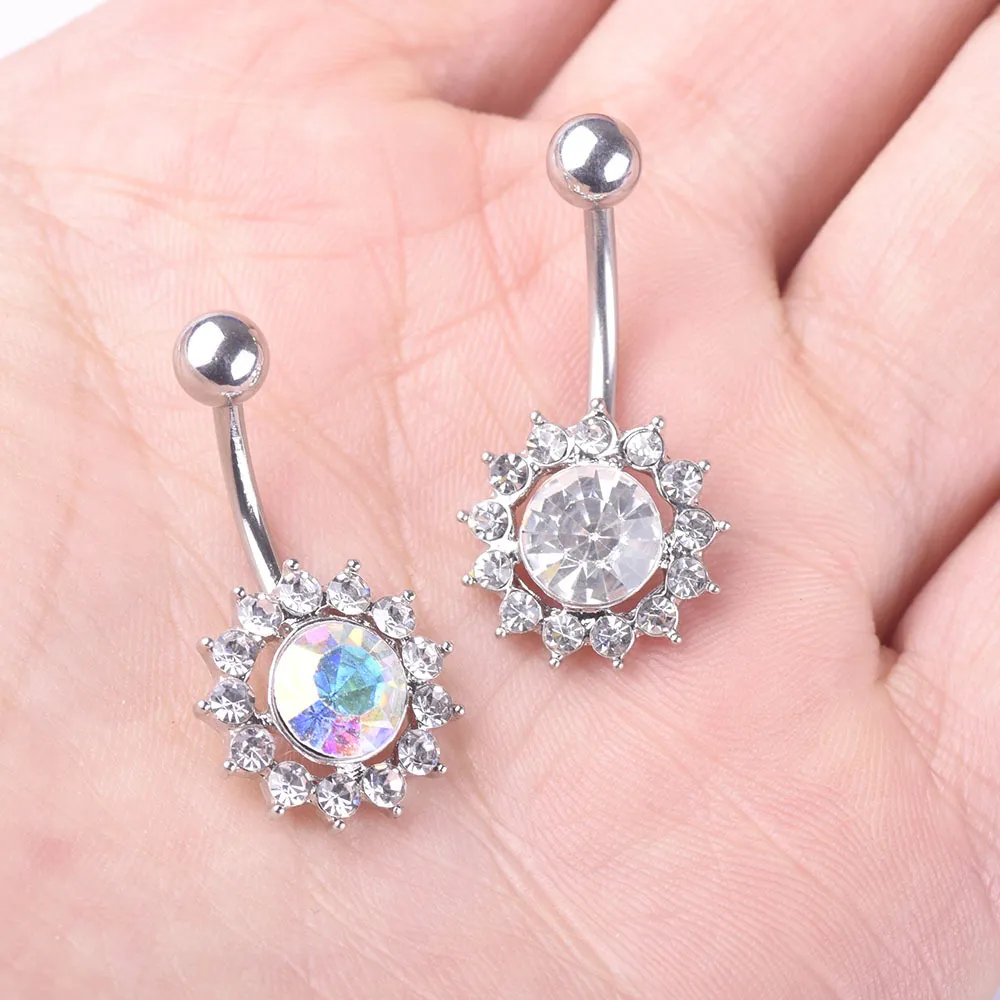 Sexig Wasit Belly Dance Crystal Body Jewelry Rostfritt stål Rhinestone Navel Bell Button Piercing Dingle Rings for Women Star Sun Flower