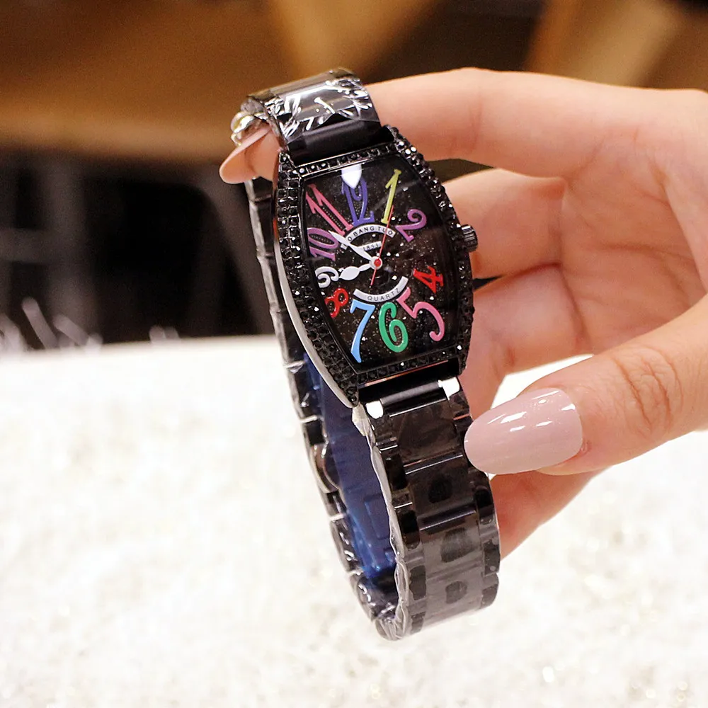새로운 한국 버전 시계 방수 방수 풀 보어 배럴 타입 다이아몬드 상감 패션 학생 손목 시위 1866