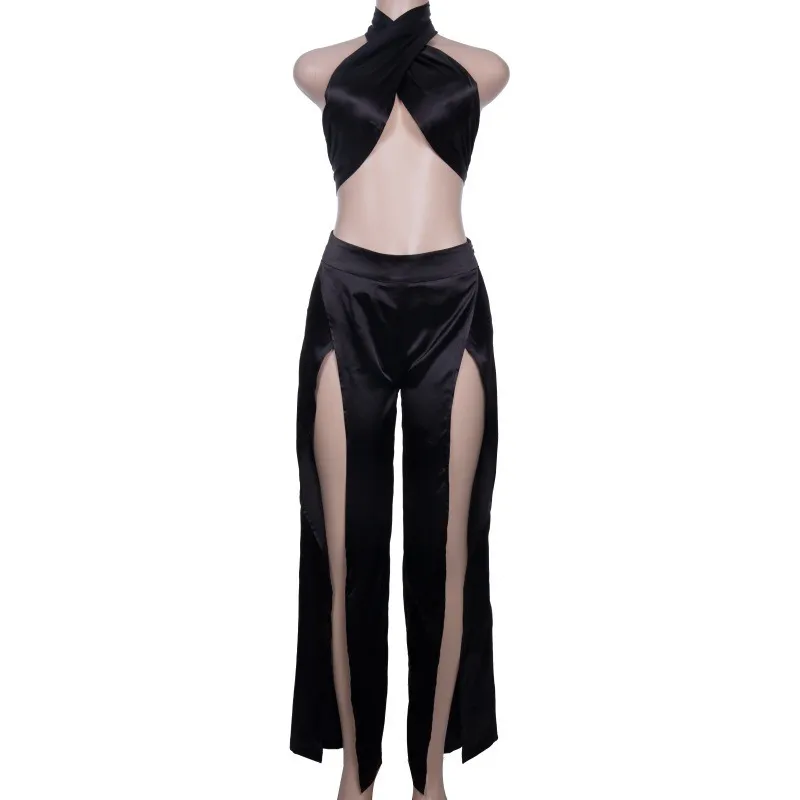 Boofeenaa Satin Silk Sexy Black Crop Top Split Wide Leg Pants Set Club Outfit Matching Sets For Women Overall Set C66ac2 C19041601