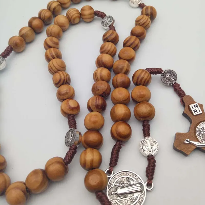 Men Women Christ Wooden Beads 10mm Rosary Bead Cross Pendant Woven Rope Chain Necklace Jewelry Accessories1248I