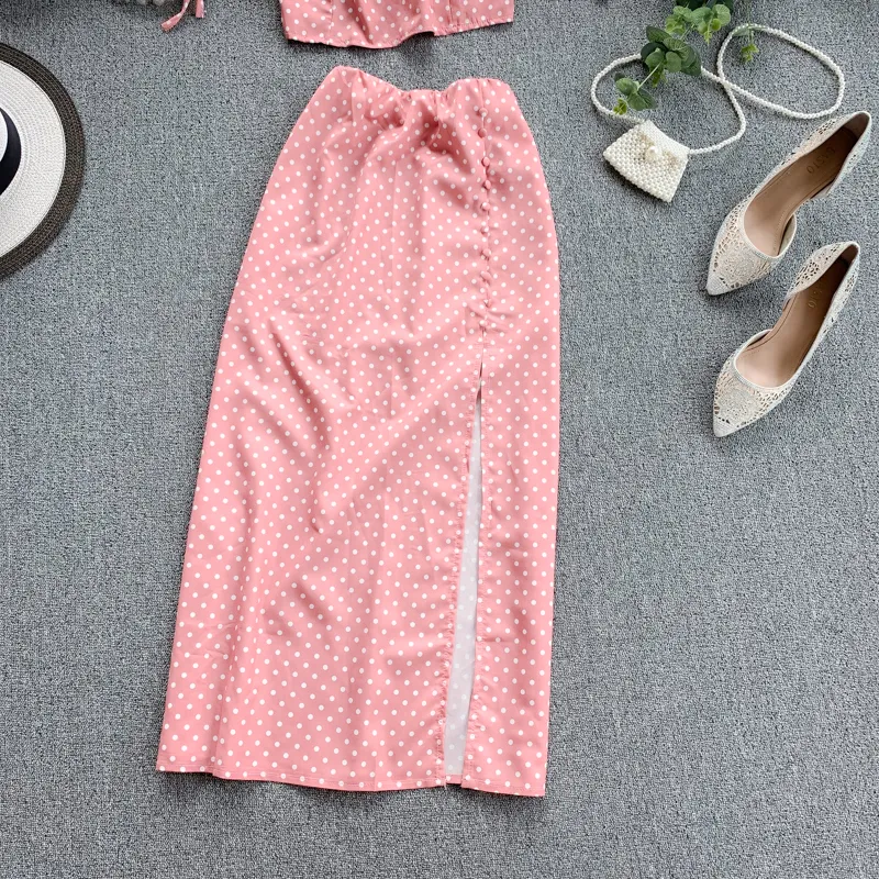 Neue Frauen Strand 2 Stück Sets Sommer Spaghetti Strap Ctop Tops Schlank Rock Dot Gedruckt Anzüge Frau Sweatsuit Rosa Outfit kleidung