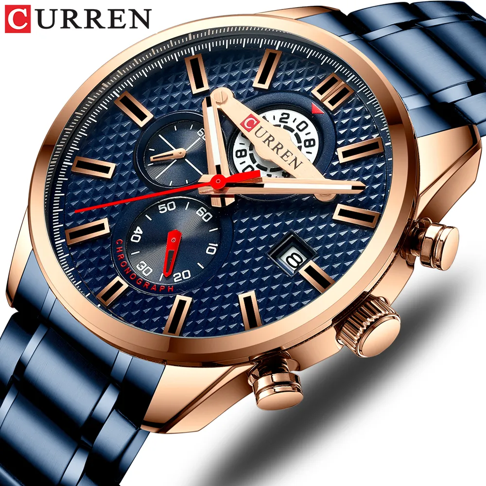 CURREN Business Men's Watch New Fashion Blue Quartz Wristwatch Sports Stainless Steel Chronograph Clock Causal Watches224U