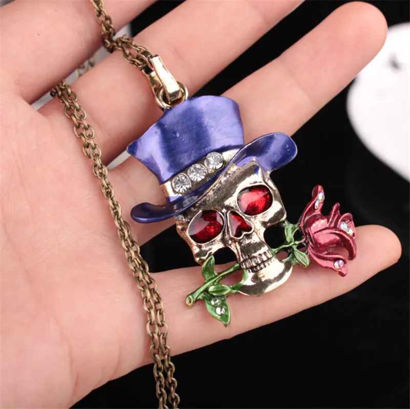 Mode Halsketten Halloween Schädel Charme Schmuck Link Kette Magier Rose Blume Anhänger Halskette für Frauen Mädchen Dame Rot Blau Lila Farben