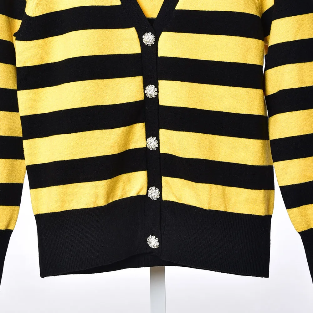 2019 осень зима с длинным рукавом v шеи желтый полосатый печать шерстяные вязаные кнопки кардиганы свитер свитер свитер женщины моды свитера d2616123