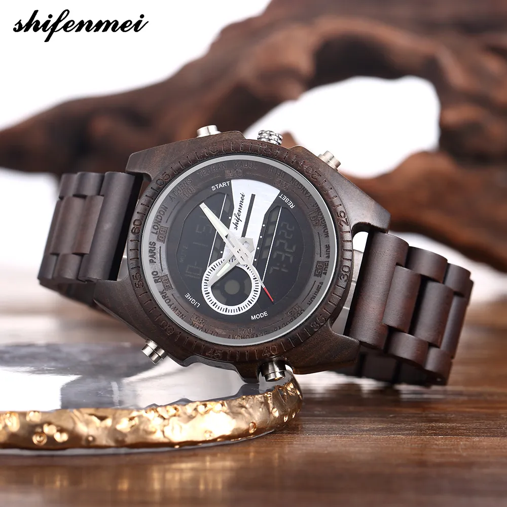 Shifenmei 2139 Antique Mens Zebra And Ebony Wood Watches With Double Display Business Watch In Wooden Digital Quartz Watch Y190515298B