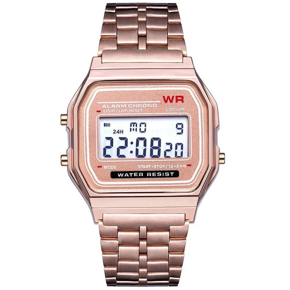 ساعة Wristwatches WR النساء رجال معصم مراقبة رقمية مقاومة للماء الكوارتز فستان ذهبي LED WATTSES MAN Electronic Sports Watches1222i