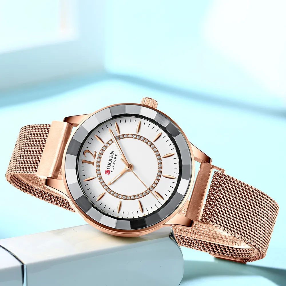 CURREN Новые модные кварцевые стальные часы со стразами для женщин, повседневные синие женские часы, Баян коль Саати, стильные роскошные часы 295M