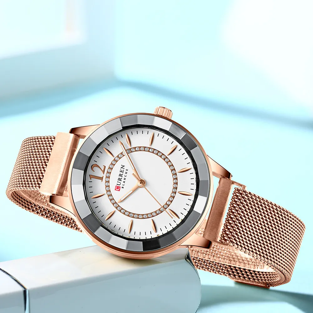 Curren New Rhinestone Fashion Quartz Mesh Steel Watch for Woman docalal Blue Ladies Watch bayan kol saati crassy luxuryclock295m