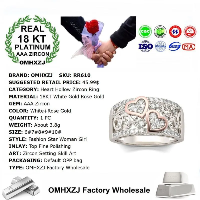 Omhxzj groupe de gros anneaux de la mode européenne féminine fille de fête de mariage cadeau coeur creux zircon 18kt en or blanc rose gold rr610