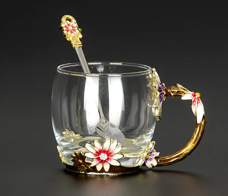 Tazza di vetro di cristallo resistente al calore creativa Tazza di vetro smaltato Set da tè con fiori Tazza di caffè Acqua Latte Caffè Bicchieri regalo Prefer272c