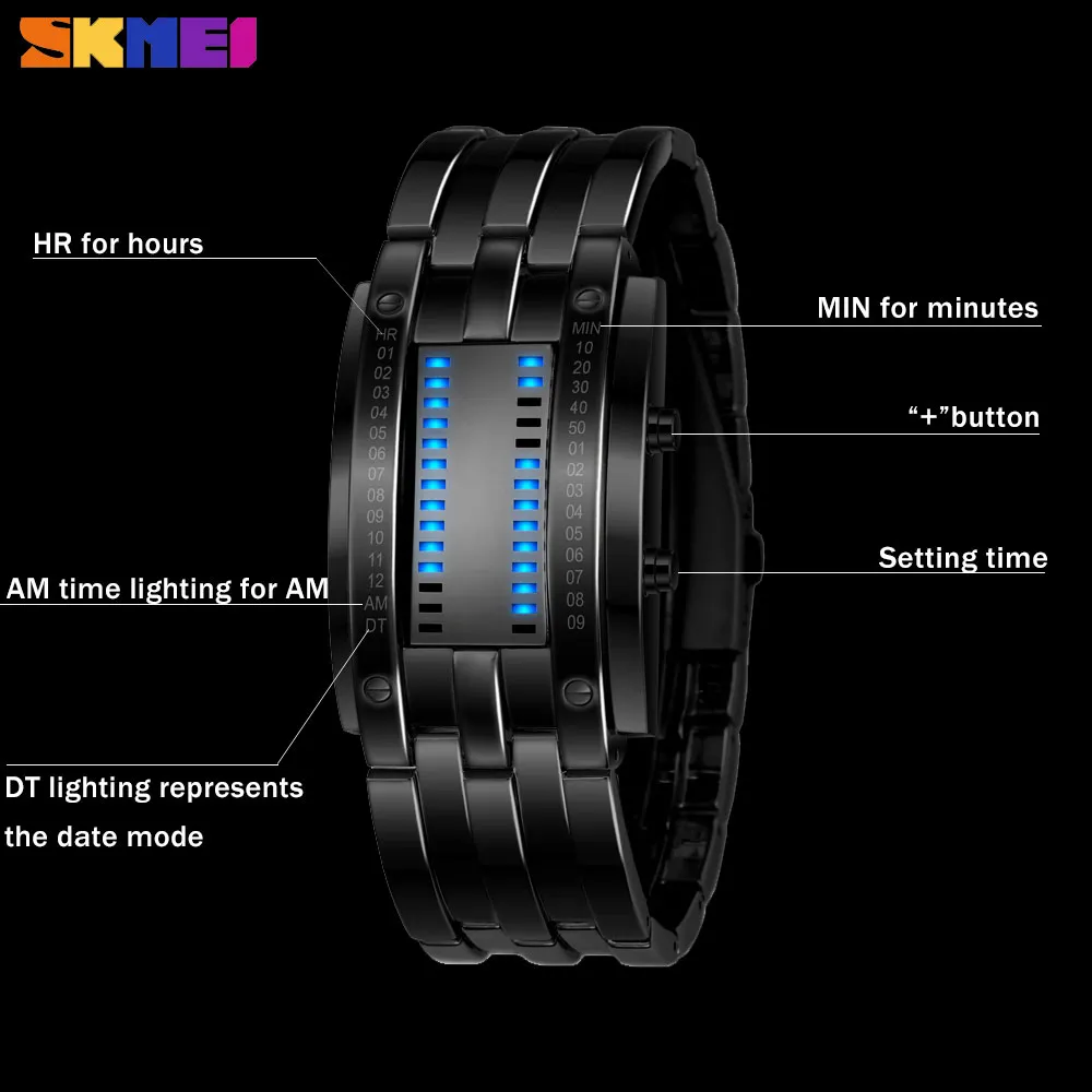 Reloj deportivo SKMEI creativo de moda para hombre, correa de acero inoxidable, relojes con pantalla LED, reloj Digital resistente al agua 5Bar, reloj para hombre 0926293u