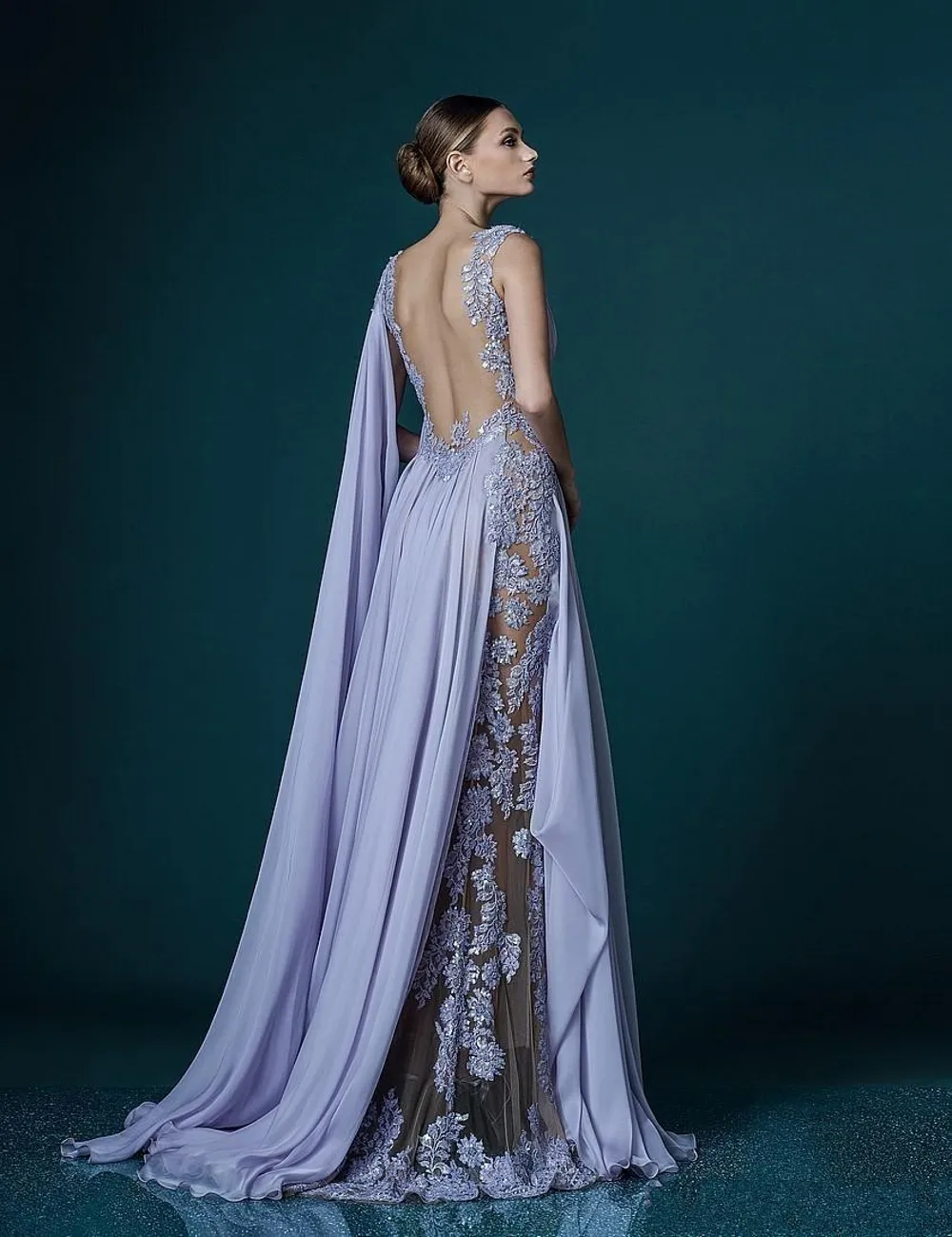 Diepe V-hals Lavendel Avondjurken Met Overslag Applicaties Sheer Ruglooze Celebrity Dress Avondjurken Prachtig Chiffon Lang Gala D276Q
