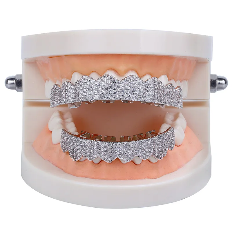 Other Hip Hop Cubic Zirconia Paved Bling Iced Out Flat Teeth Grillzs Top Bottom Set Dental Grills Men Rapper Cosplay Jewelry Gift1285b