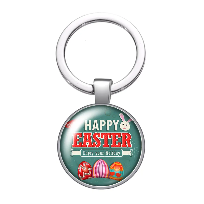 Happy Easter Day Rabbit Eggs Glass Cabochon Keychain Bag Car Key Chain Ring Holder Silver Color Keychains for Men Women Gifts