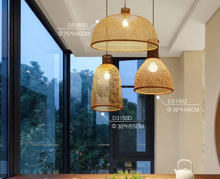 Bambukonst LED -ljuskrona Wood Wicker E27 Kinesisk stil hängslampor Suspension hem inomhus matsal kök ljus armaturen l289o