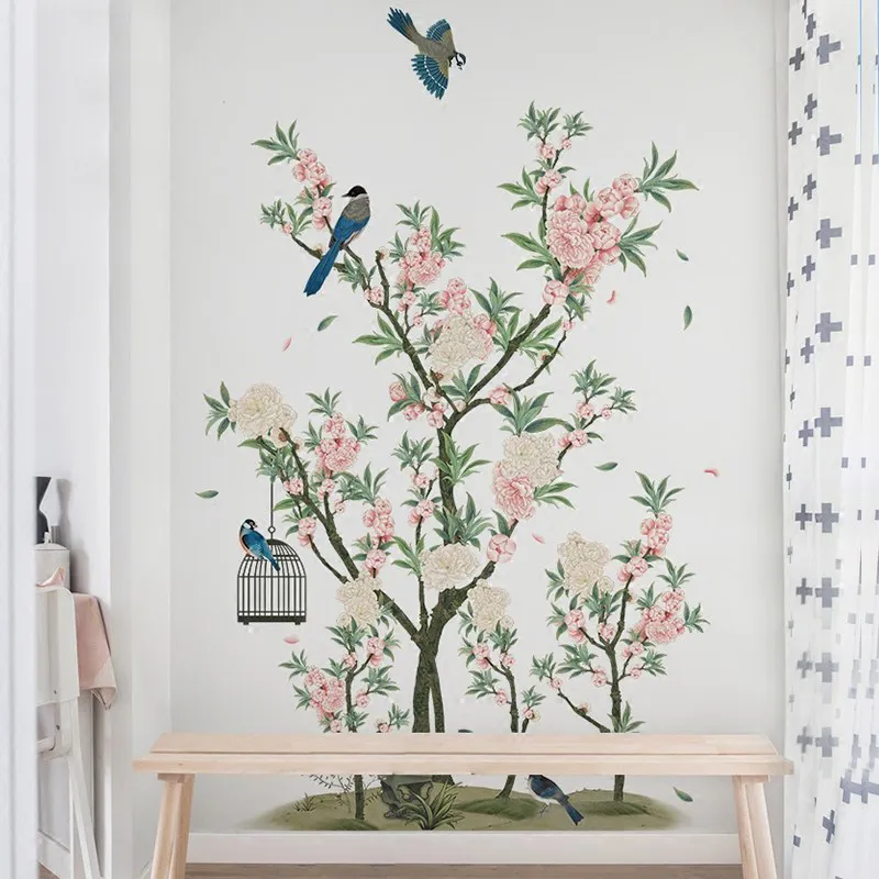 Urocza romantyczna naklejka na ścianę kwiatową do salonu do salonu ptaki moreli ptak