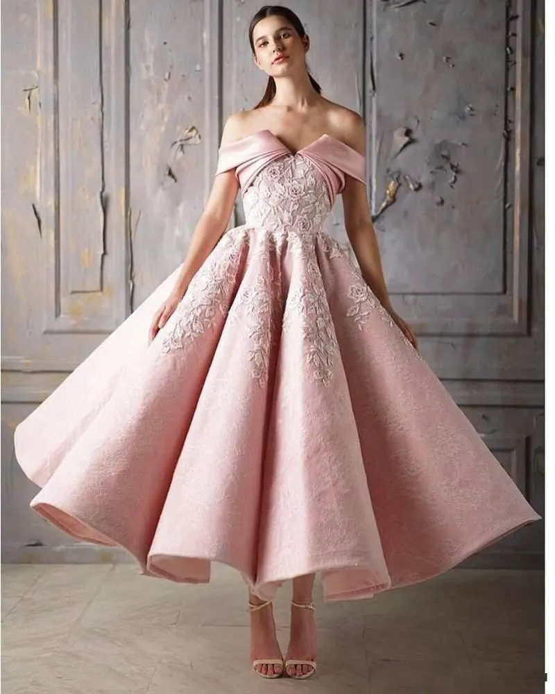 2020 novo rosa apliques rendas vestidos de baile fora do ombro curto vestidos de noite comprimento do tornozelo super vestido de baile plissado noivado bri244m