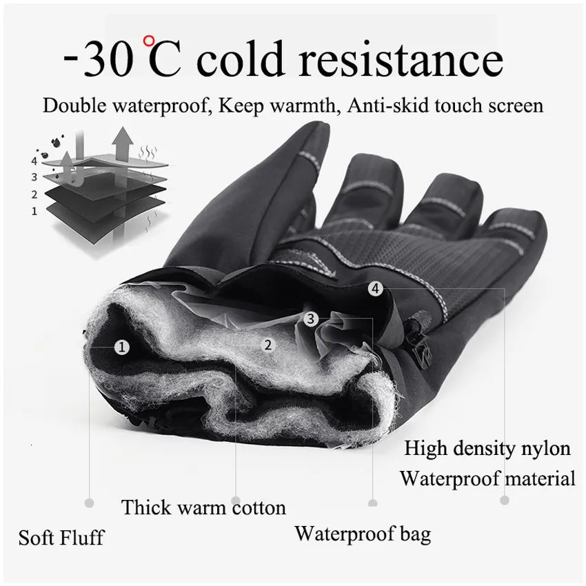 Guantes impermeables de invierno con pantalla táctil, guantes antideslizantes con cremallera para hombres y mujeres, guantes cómodos y cálidos para esquiar, engrosamiento T19282A