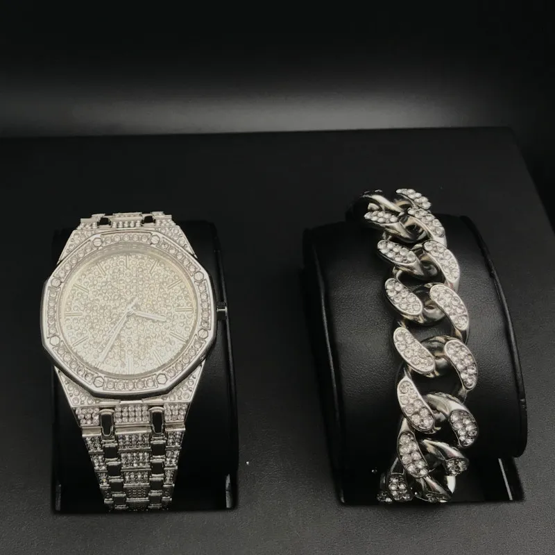 Hip Hop Mens Watches Bracelets Set Fashion Diamond Iced Out Cuban Chain Gold Silver Watch Set With Box 201912803
