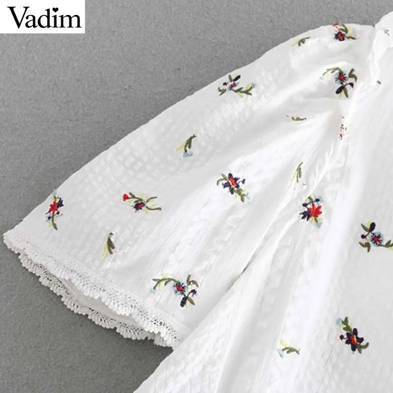 Vadim Women V-шеи цветочные вышивка блузка оборманы с коротким рукавом рубашки мода женские белые повседневные шикарные топы Blusas mujer da278 y19042902
