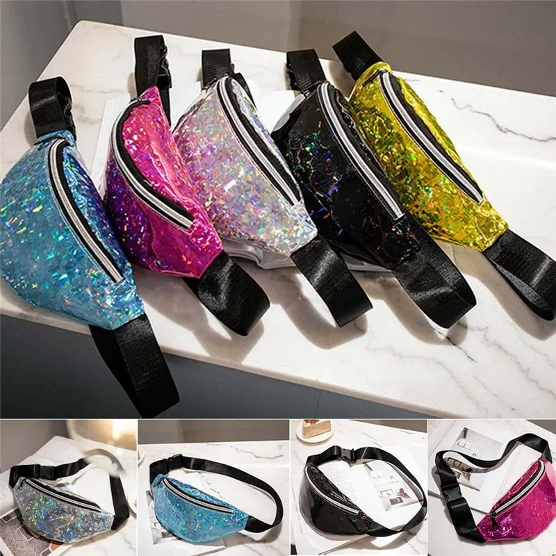 Rese Women Fanny Pack Holiday Belt Midjeväska paljetter Glitter Bum Bag Pouch Fashion Ladies Justerbara axelväskor Midjepaket3003