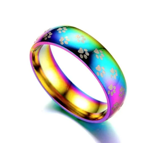 Anel de dedo com estampa de pata pequena arco-íris colorido para casal promessa de noivado 6mm anéis de casamento para amantes lésbicas gays joias181w