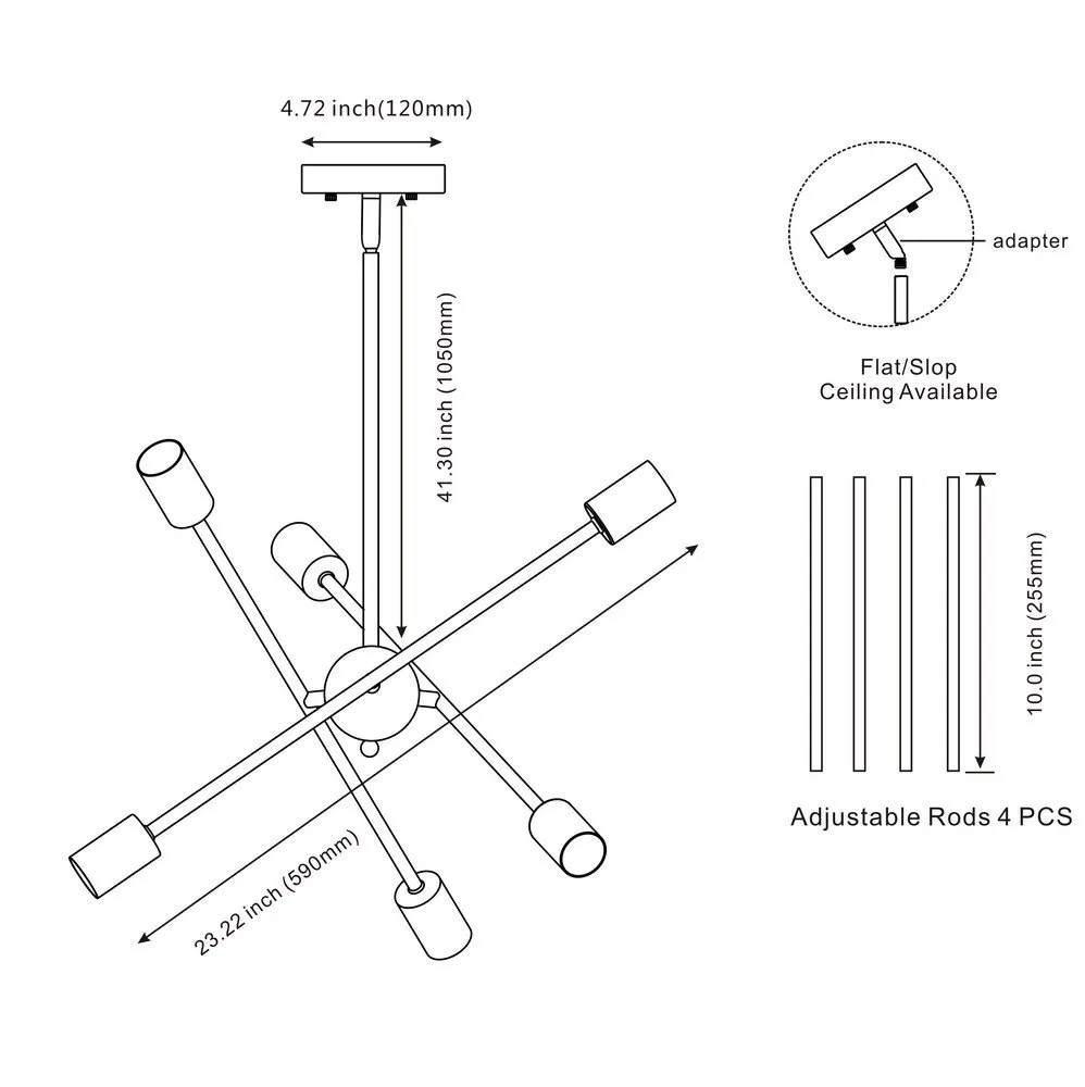 Lámpara de araña Sputnik moderna, iluminación de 6 luces, lámpara de latón cepillado, iluminación colgante de mediados de siglo, lámpara de techo dorada para H257W