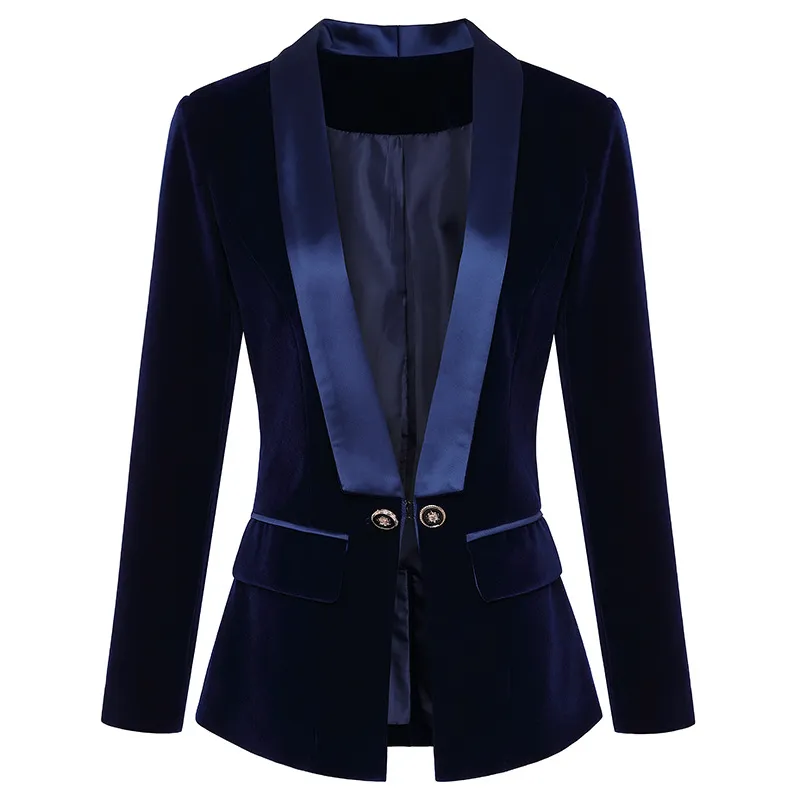 2021 Herfst Herfst Lange Mouw Revers Hals Zwart / Blauw Effen Kleur Velours Satijn Beelden Slanke Blazers Elegante Topkwaliteit Uitloper Jassen 21O13857